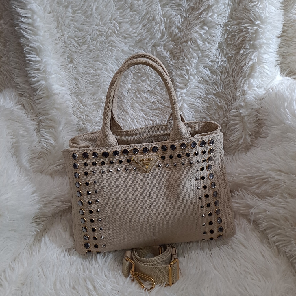 Prada Canapa 2-Way Tote Shoulder Bag In Creme/Ivory, Signs Of Use